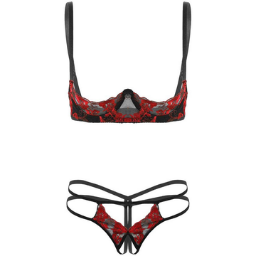 Womens Sexy Lace Lingerie Set / Exposed Breasts Underwire Bra Top with Crotchless - EVE's SECRETS